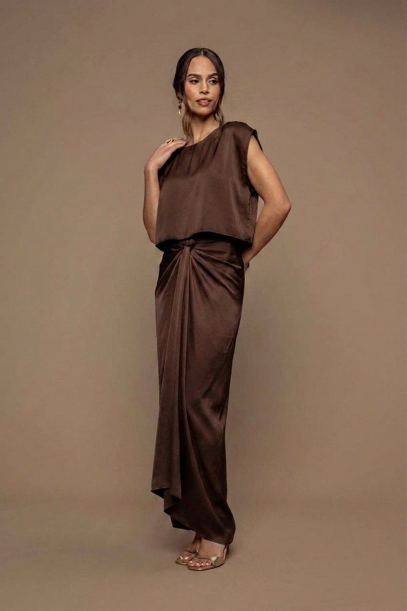 Chocolate-colored tie-front skirt
